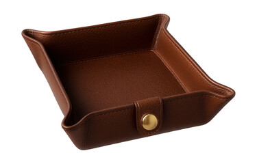 Leather tray with button clasp, ideal for organizing remotes and chargers in any room.