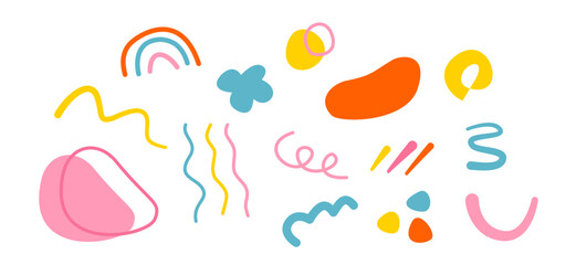 Playful colorful abstract doodles and shapes scattered on transparency background creating cheerful whimsical composition