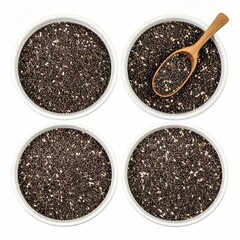 Four white bowls filled with chia seeds, with a wooden spoon in one bowl