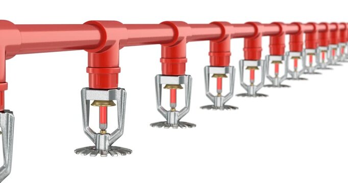 Camera moving along of fire sprinklers with vacuum sealed glass tube isolated on white background - 3D animation seamlessly loopable
