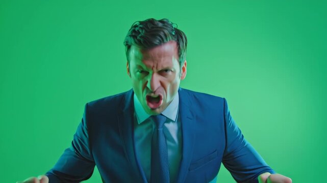 Enraged Businessman in Suit Shouting Against Green Screen Background