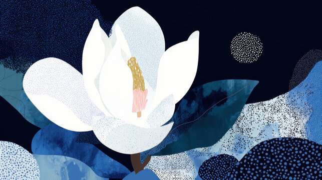 White magnolia flower with golden stamen on abstract blue background, modern boho style, elegant and serene mood