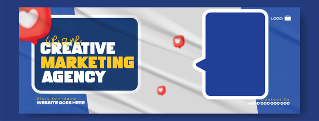 Modern creative marketing agency banner with diverse professionals and dynamic blue and white design elements