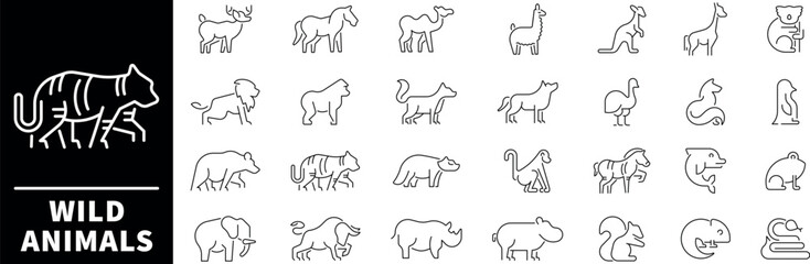 Naklejka premium Wild animals linear vector icons. Set of outline icons related to wild animals and beasts. Wild animals outline Icons set