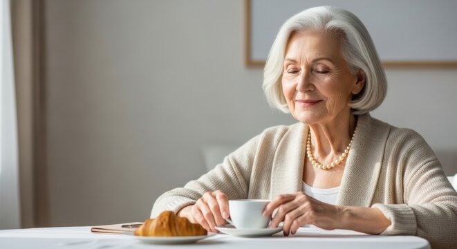 Elderly woman enjoying coffee and pastry indoors
