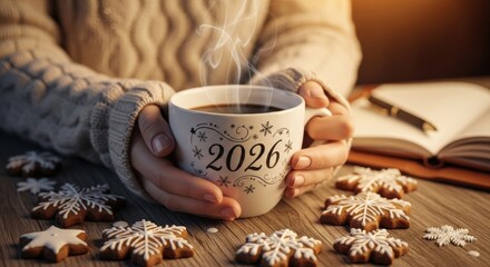 Coffee cup with 2026 and winter decorations