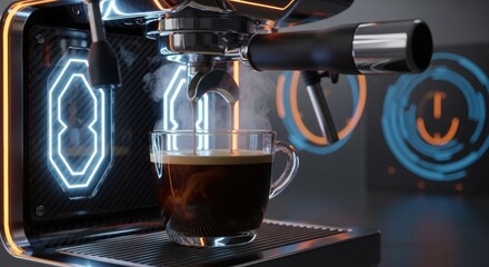 Espresso machine brewing coffee into glass cup