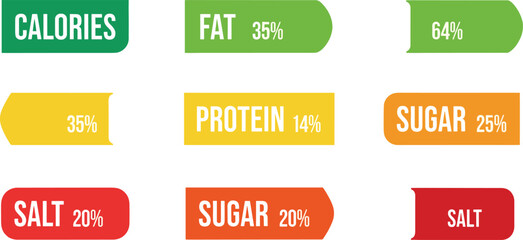 Nutrition label vector set, colorful food icons, calorie fat sugar salt tags, health info graphics, flat design illustration