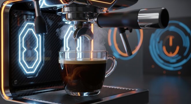 Espresso machine brewing coffee into glass cup