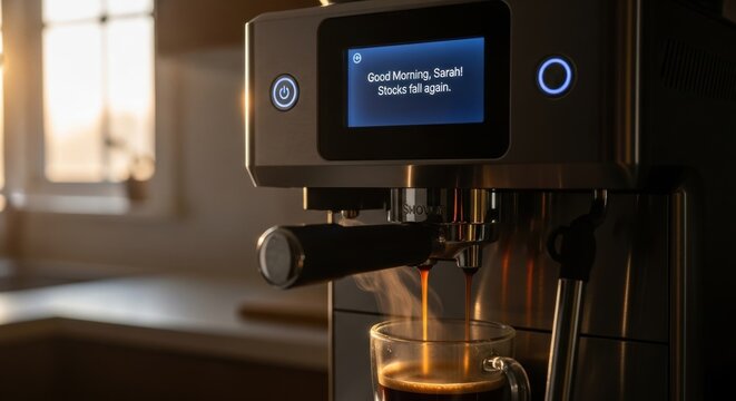 Espresso machine brewing coffee with morning message - Powered by Adobe