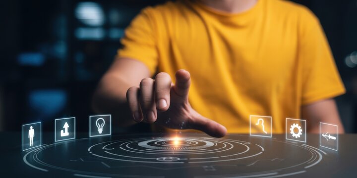 Digital interface touch interaction: A person's hand interacts with a holographic interface, activating icons representing various technological concepts. - Powered by Adobe