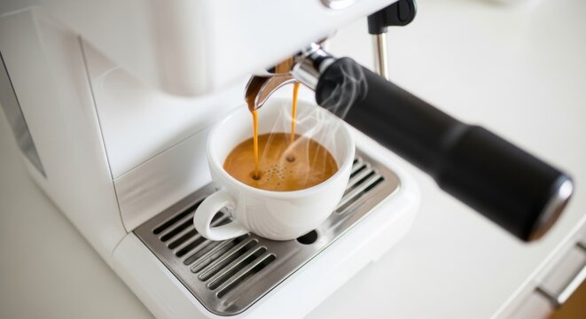 Espresso machine brewing coffee into a white cup