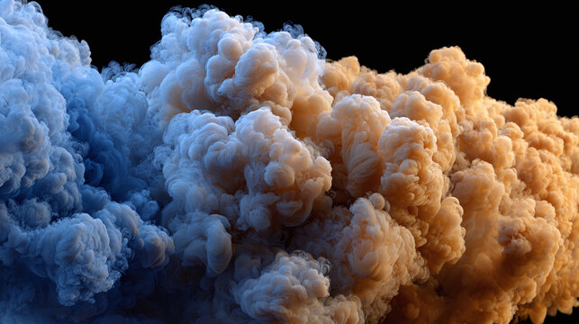 An abstract colorful smoke cloud, rendered in shades of blue, beige and gold, suggesting a dynamic, almost volatile composition