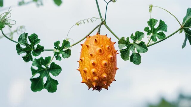 Vibrant orange Kiwano Melon close-up hanging on the vine. Exotic fruit, unique spiky texture, and tropical food produce.