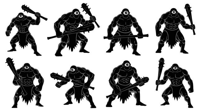 Cyclops warrior silhouettes. Shapes created with high quality. One eyed giants stand with clubs in strong intimidating poses