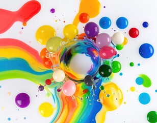 Colorful liquid splash with vibrant rainbow streaks and clustered paint droplets