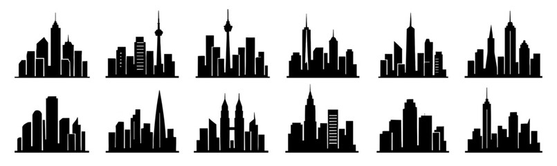 Fototapeta premium City skyline silhouettes. Shapes created with high quality. Urban building outlines appear in varied architectural forms suggesting modern city scenes.