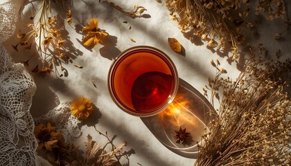 Dramatic Sunlit Herbal Tea Flat Lay with Dried Wildflowers and Lace Textures.
