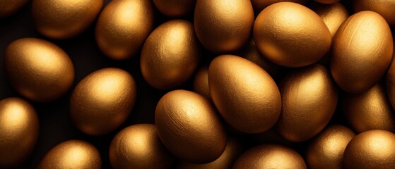 Abundance of Shimmering Golden Eggs on Dark Background