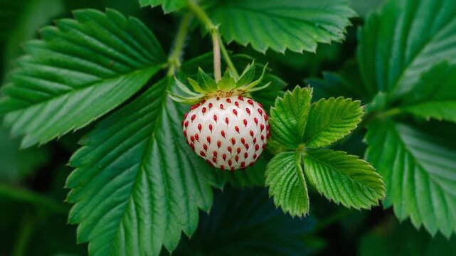 Single ripe Pineberry macro close-up, showing white color and red seeds. Rare exotic fruit, unique texture, and fresh organic harvest.