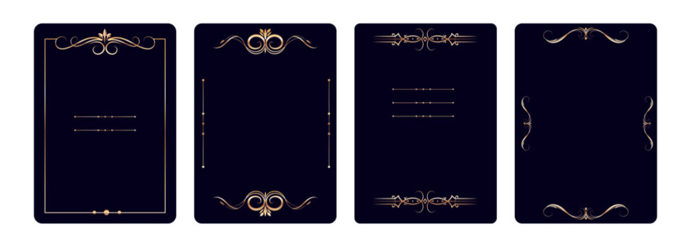 Luxury Vintage Frame Templates. Set of elegant card templates with ornate gold vintage borders for wedding invitations, luxury event stationery,announcements, menus, certificate, packaging.Vector
