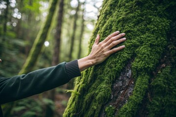 Human hand gently touching the moss covered bark of a tree in a lush forest as symbol of touch of grass