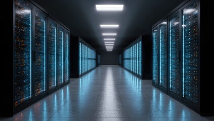 A perspective view of a data center corridor with servers and lights creating ambiance