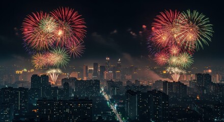 Naklejka premium Fireworks over city skyline at night