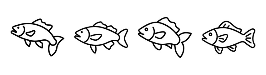 Four fish drawing outline vector illustration for coloring pages and educational resources for kids