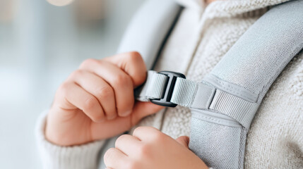 Person adjusts gray backpack strap, showcasing authentic moment of family preparation for outing. focus is on hands and buckle, emphasizing connection and readiness