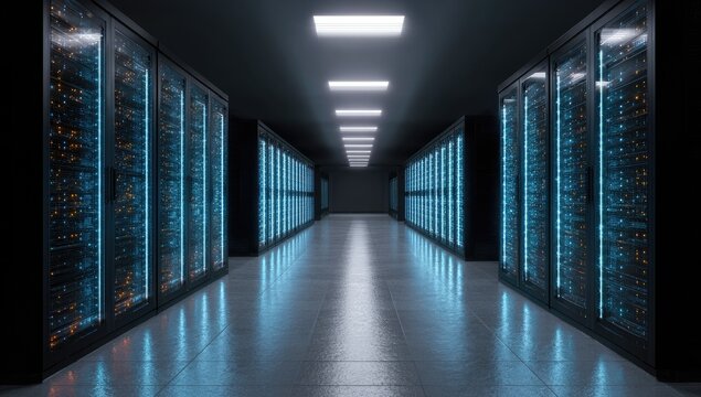 A perspective view of a data center corridor with servers and lights creating ambiance