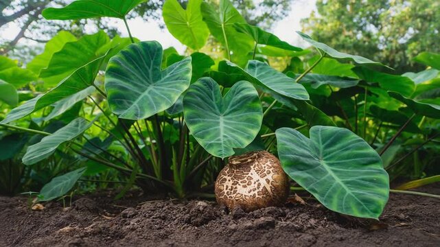Taro root large static shot emerging from soil, surrounded by thick leaves. Exotic produce, staple crop, and tropical agriculture.