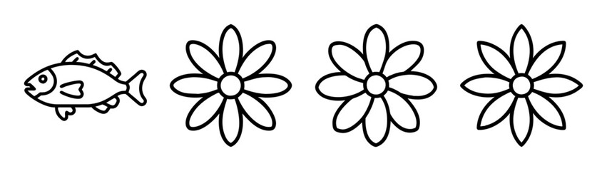 Black and white outline drawing of a fish and three flowers for coloring and creative projects