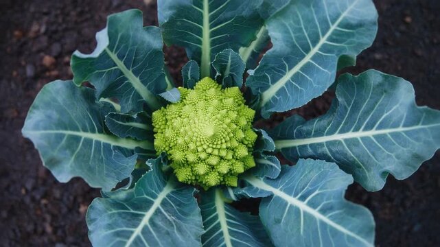 Vibrant Romanesco broccoli overhead static shot, showcasing intricate fractal patterns and healthy organic vegetable texture.