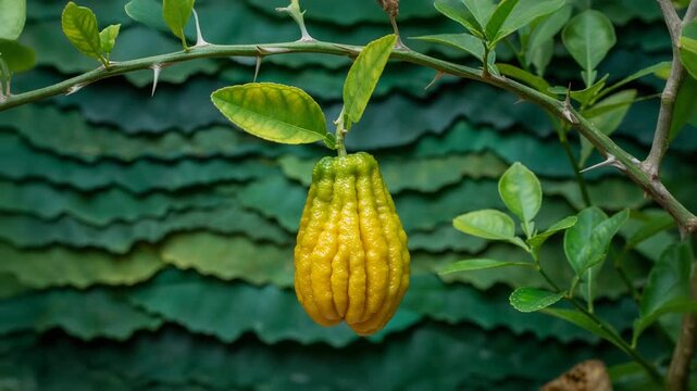 Bright yellow Buddha's Hand citron close-up, showing unique finger-like segments. Exotic fruit, organic farming, and rare citrus produce.