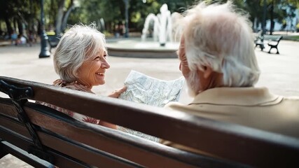 Senior couple sitting on bench viewing map together. Elderly pair checking route outdoors carefully. Mature retirees planning travel journey. Active citizens navigation tourist destination.