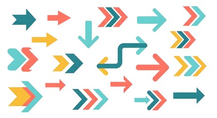 Colorful collection of flat vector arrows pointing in various directions on white