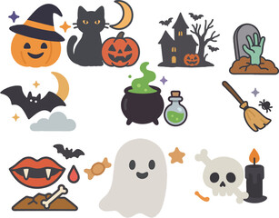 Fototapeta premium Cute Halloween Icon Set – Ghost, Pumpkin, Witch Cat, Cauldron & Spooky Elements