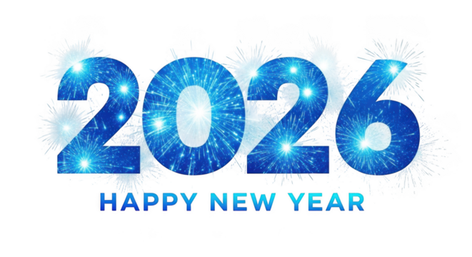 Happy new year 2026 blue sparkle numbers isolated on transparent background