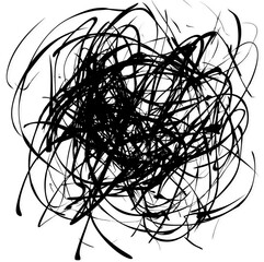 Abstract chaotic black scribble design isolated on white or transparent PNG background. Perfect for creative projects, overlays, textures, and graphic design elements.