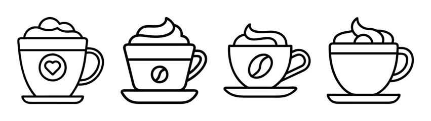 Latte art coffee drinks vector illustration for cafe menu design and coloring page template