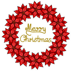 Festive vector wreath of red poinsettias with golden 