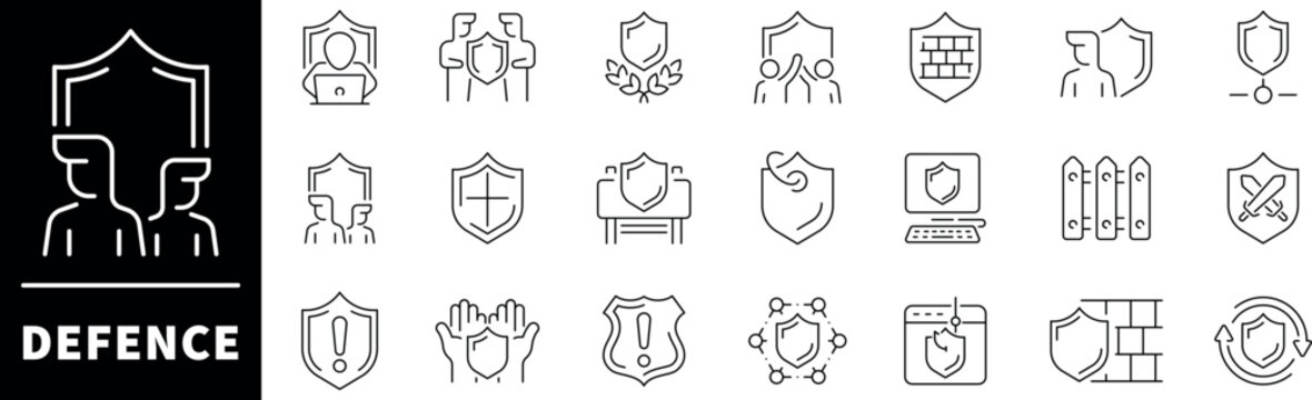 Thin line icons set related to defence and protection. Defence thin line icons set. Safe, shield, lock, security, alarm, guard, safety, protection symbols set