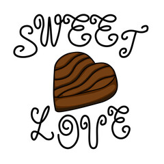 A charming vector illustration featuring a stylized chocolate heart with swirling lines, accompanied by elegant script typography spelling 