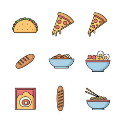 A colorful collection of flat design food icons featuring popular international dishes like pizza, tacos, noodles, and bread