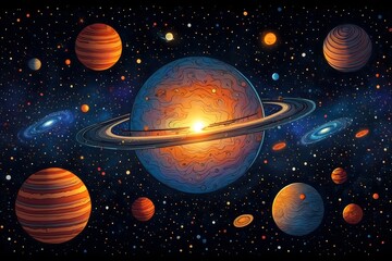 Colorful Planetscape with Rings and Distant Galaxies - Digital Art