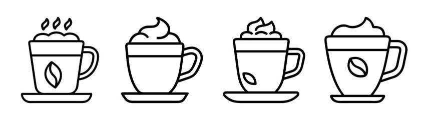 Latte art vector illustration: coffee drinks, cappuccino, espresso, mocha, and macchiato cups