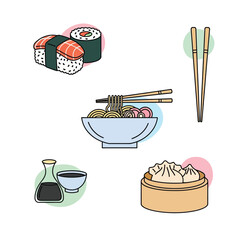 A colorful collection of Asian food icons, including Japanese sushi, ramen noodles, and Chinese dumplings, illustrated in a simple line art style