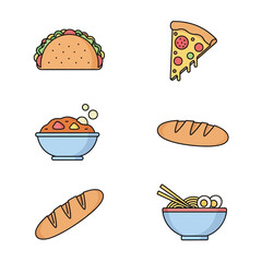 Delicious Food Icons Taco, Pizza, Noodles, Bread and Stew Illustration Set