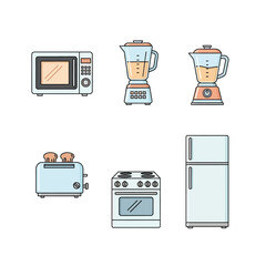Essential modern kitchen appliances collection, perfect for daily cooking, food preparation, and storage, depicted in clean line-art vector illustrations